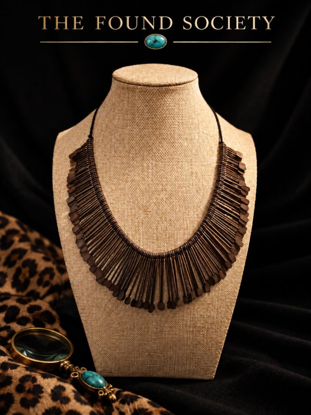 Antique Bronze Paddle Fringe Bib Statement Necklace Boho Brutalist